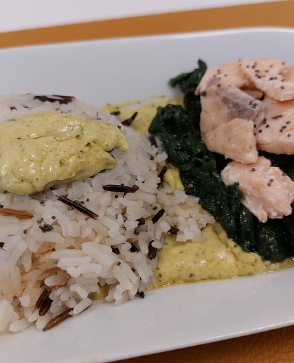 Salmon with Spinach Basmati Rice and Green Curry Sauce