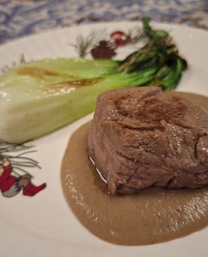 Beef Tenderloin with Celeriac and Chestnut Cream and Pak choi
