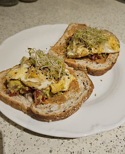 Peanut Butter Avocado Toast with Scrambled Eggs