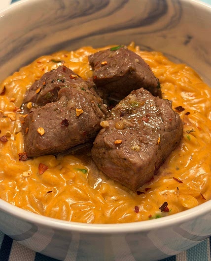 Garlic Steak Bites & Creamy Tomato Orzo