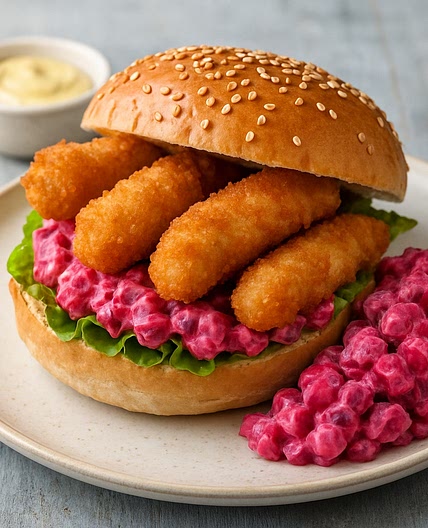 Fish Goujon Sandwich with Beetroot Russian Salad
