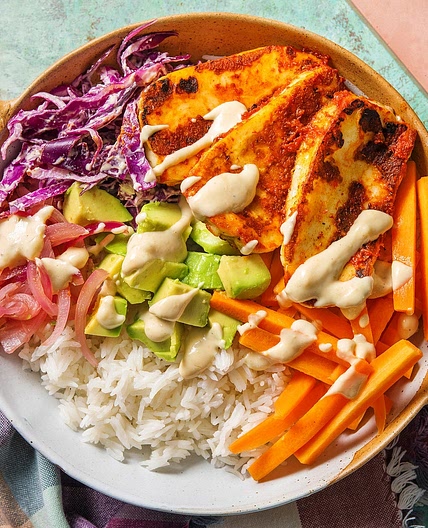 Harissa Halloumi Rainbow Bowls with Garlic Hummus Dressing