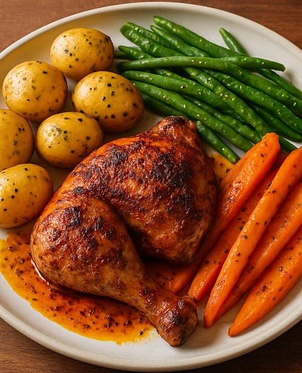 Pollo arrosto agli aromi del Messico con patate novelle, fagiolini e carote al miele