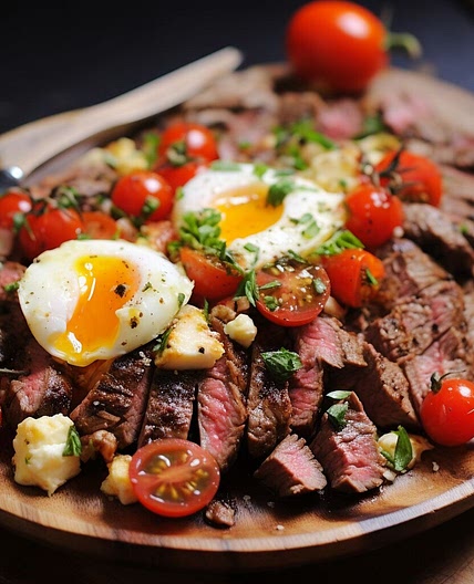 Mediterranean Beef and Egg Scramble with Grilled Tomatoes