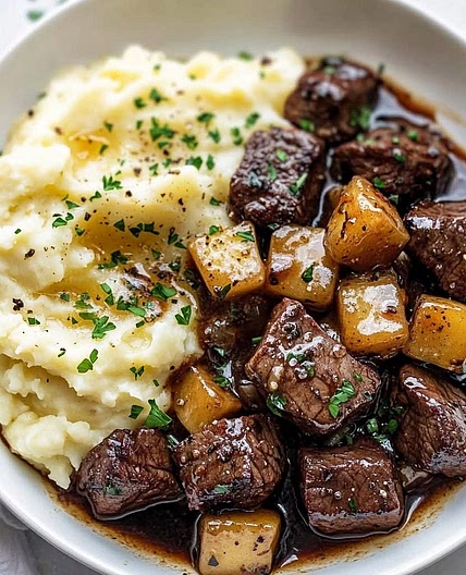 GARLIC BUTTER BEEF BITES WITH CREAMY MASHED POTATOES