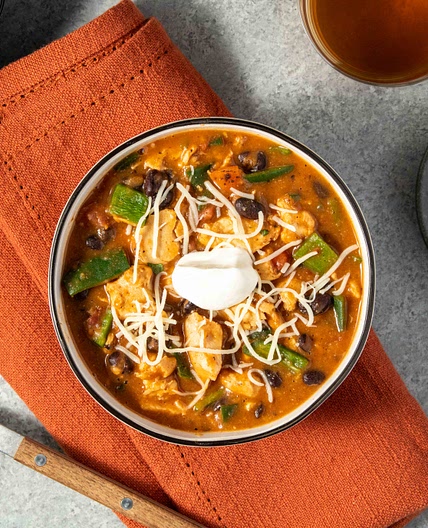 Bacon Chicken Chili with white cheddar and crème fraîche