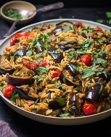 Eggplant and Spinach Orzo