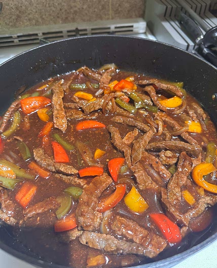 Pepper Steak over Brown Rice 