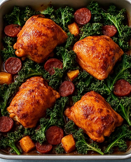 Paprika & honey chicken traybake with chorizo and kale