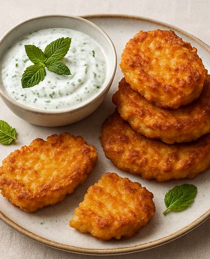 Knapperige aardappelpuree met munt-yoghurt dip
