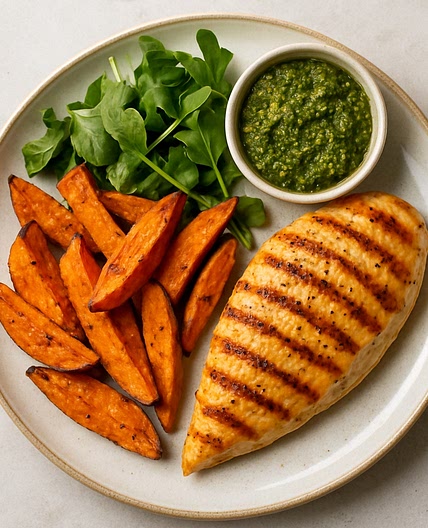 Kipfilet met zoete aardappel en pesto dip
