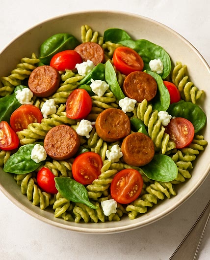 Pesto-pastasalade met vegavlees