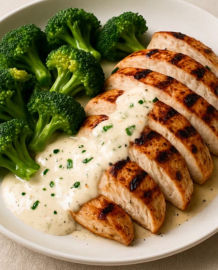 Grilled Chicken & Broccoli with Creamy Garlic Sauce