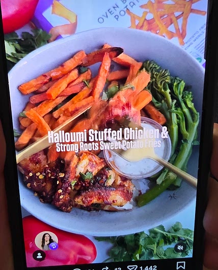Halloumi stuffed chicken with sweet potato fries and brocolli