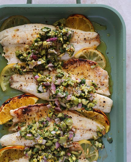 Branzino with Citrus Olive Salsa
