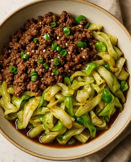 Mongolian-Style Ground Beef with Garlic Cabbage in Soy Sauce Glaze