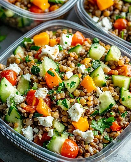 Salade de lentilles fraîche aux légumes croquants et feta
