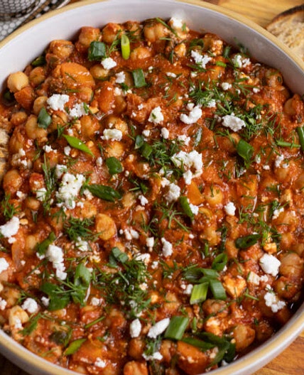 One Pot Harissa Chickpeas with Carrots and Feta