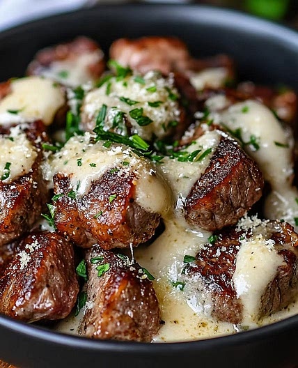 Garlic Butter Steak Bites with Parmesan Cream Sauce
