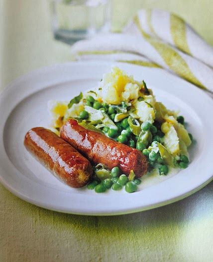 Sausages with crushed new potatoes