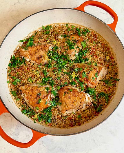 One Pan Crispy Chicken Thighs with Lemon Couscous