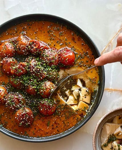 Miso steamed eggs with jammy tomatoes