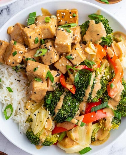 Crispy Tofu Coconut Peanut Stir Fry Bowls