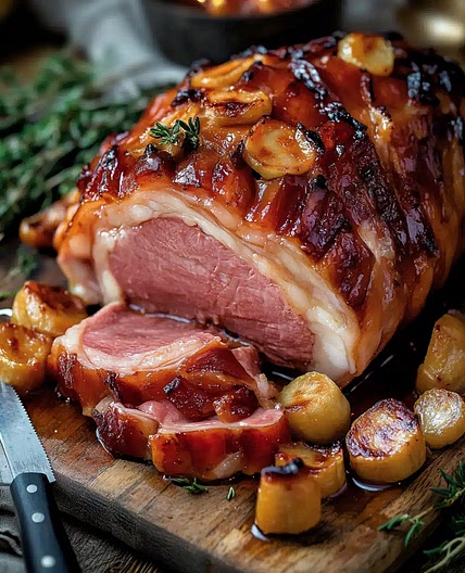 Slow-glazed gammon with cauliflower mash & cumin-roasted roots