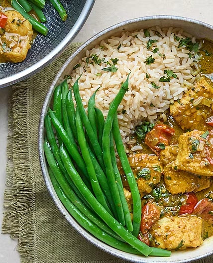 Basa fillets in Goan-style coconut & tomato curry with cauliflower rice