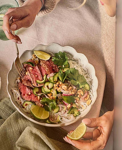 Thai steak bowls with pickled cucumber 