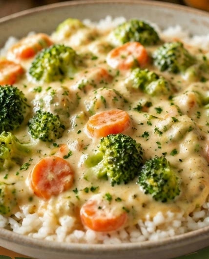 Reis mit Gemüse-Frischkäse-Sauce