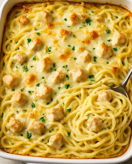 Creamy Monterey Jack Chicken Spaghetti Bake