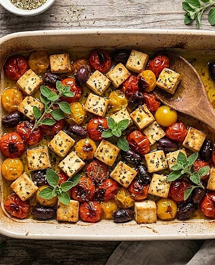 Tofu Mediterráneo al Horno con Tomatitos y Orégano