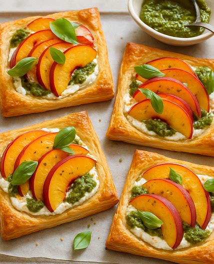 Nectarine, ricotta & pesto tarts