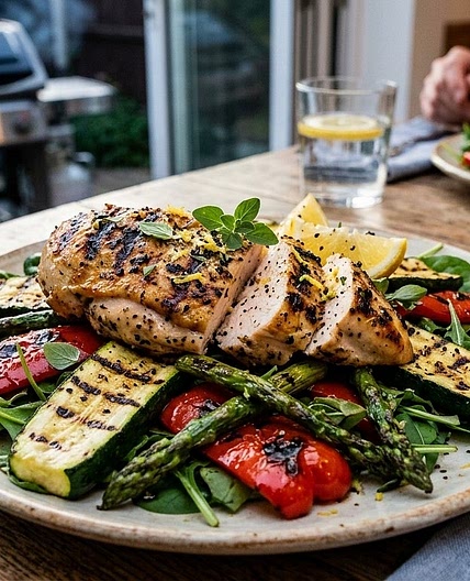 Grilled Lemon-Herb Chicken with Charcoal-Charred Veggie Salad