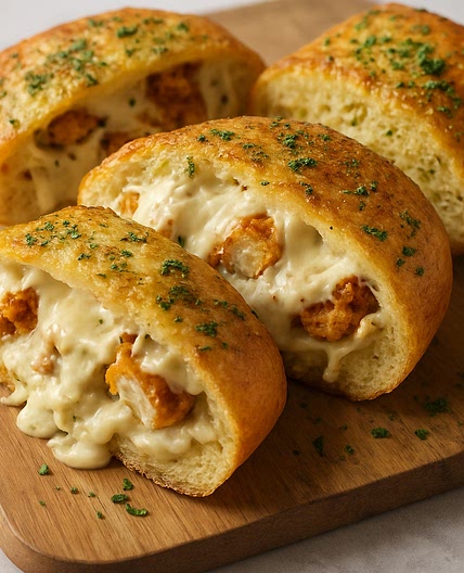Crispy Chicken Alfredo Stuffed Garlic Bread