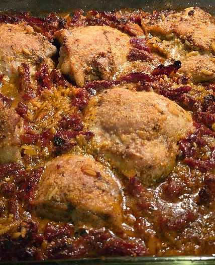 Chicken thighs, Orzo, and sundried tomatoes