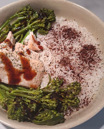 Steamed Salmon with Bimi, Rice and Teriyaki Sauce