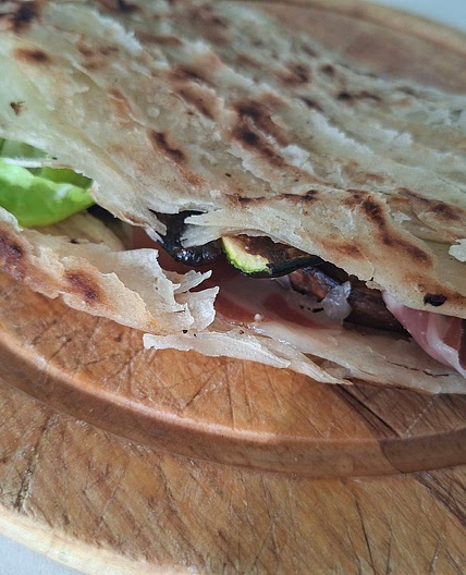 Piadina - Zucchini, Mushrooms, Goat Cheese and Cured Ham