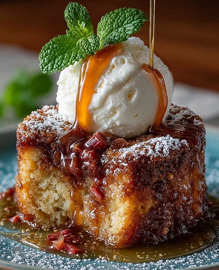 Warm Sticky Rhubarb Pudding Cake with Brown Sugar Crust