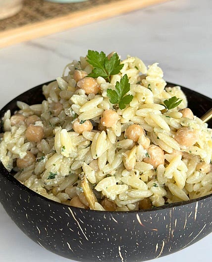 Cold Orzo Salad with Chickpeas and Pine Nuts