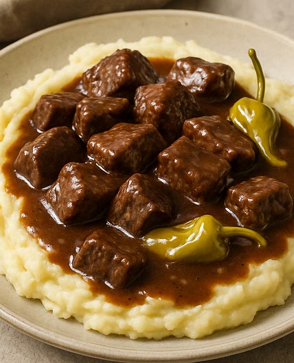 Crockpot Mississippi Beef Bites and Mushroom Gravy Over Mashed Potatoes