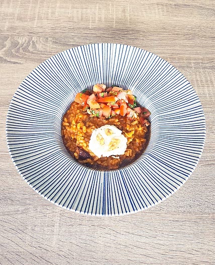 Risotto au poivron rôti et chèvre au miel
