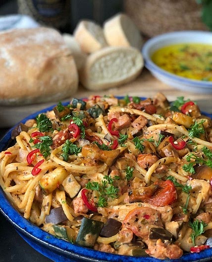 Spaghetti met Boursin en groenten