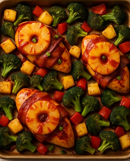 Hawaiian BBQ Bacon Chicken Sheet Pan Dinner