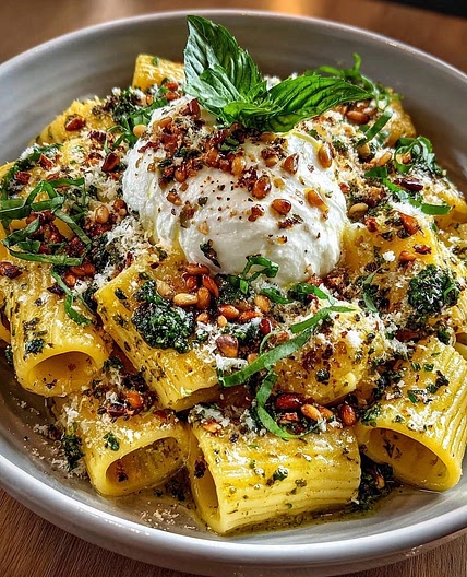 Lemon Basil Rigatoni with Burrata & Roasted Pine Nuts
