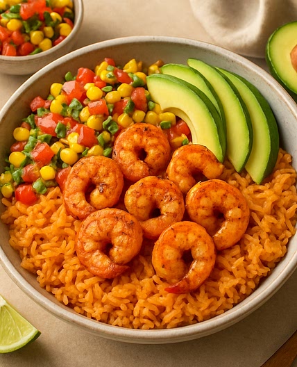 Mexican Shrimp & Rice Bowls with Corn Pico de Gallo and Avocado