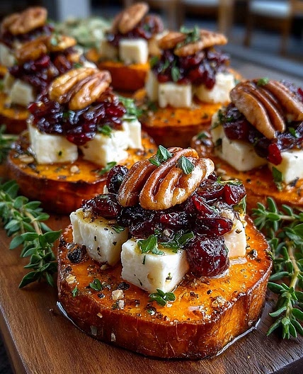Sweet Potato Rounds with Brie, Cranberry & Pecans
