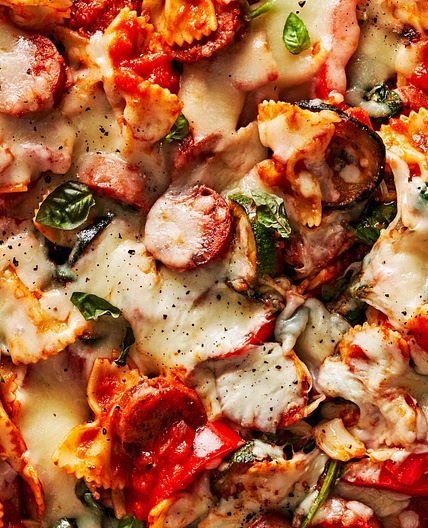 Summer Bowtie Pasta and Chicken Sausage Skillet Bake