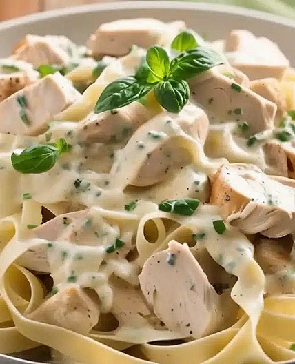CHICKEN ALFREDO WITH FETTUCCINI NOODLES